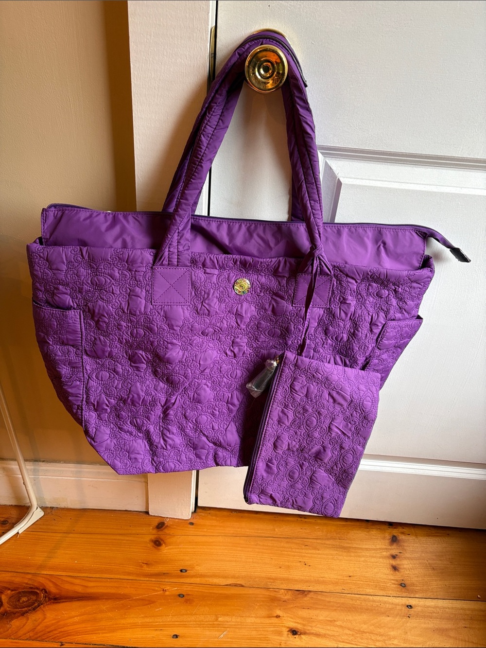 Quilted Purple Tote Bag with Matching Pouch - Women